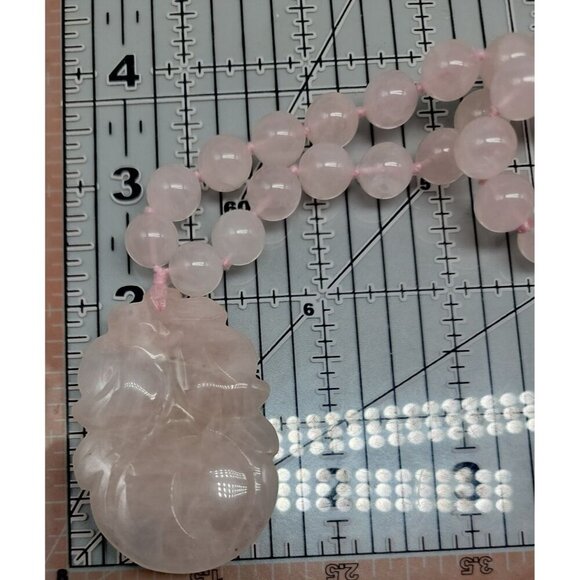 Chinese Rose Quartz Hand Knotted Mala Lotus Design Necklace 28" Vintage - Picture 2 of 16